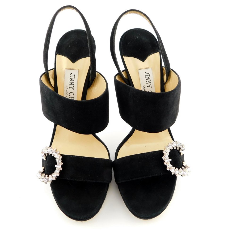 JIMMY CHOO Sparkle Crystal C Buckle Black Suede Leather Sling Heel Sandals 39
